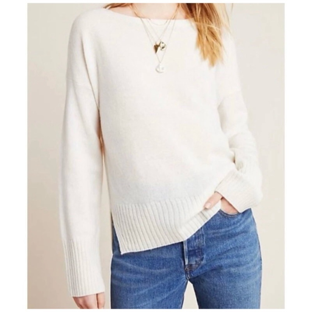 NEW ANTHROPOLOGIE Carole Cashmere Ivory Wide-Neck Sweater